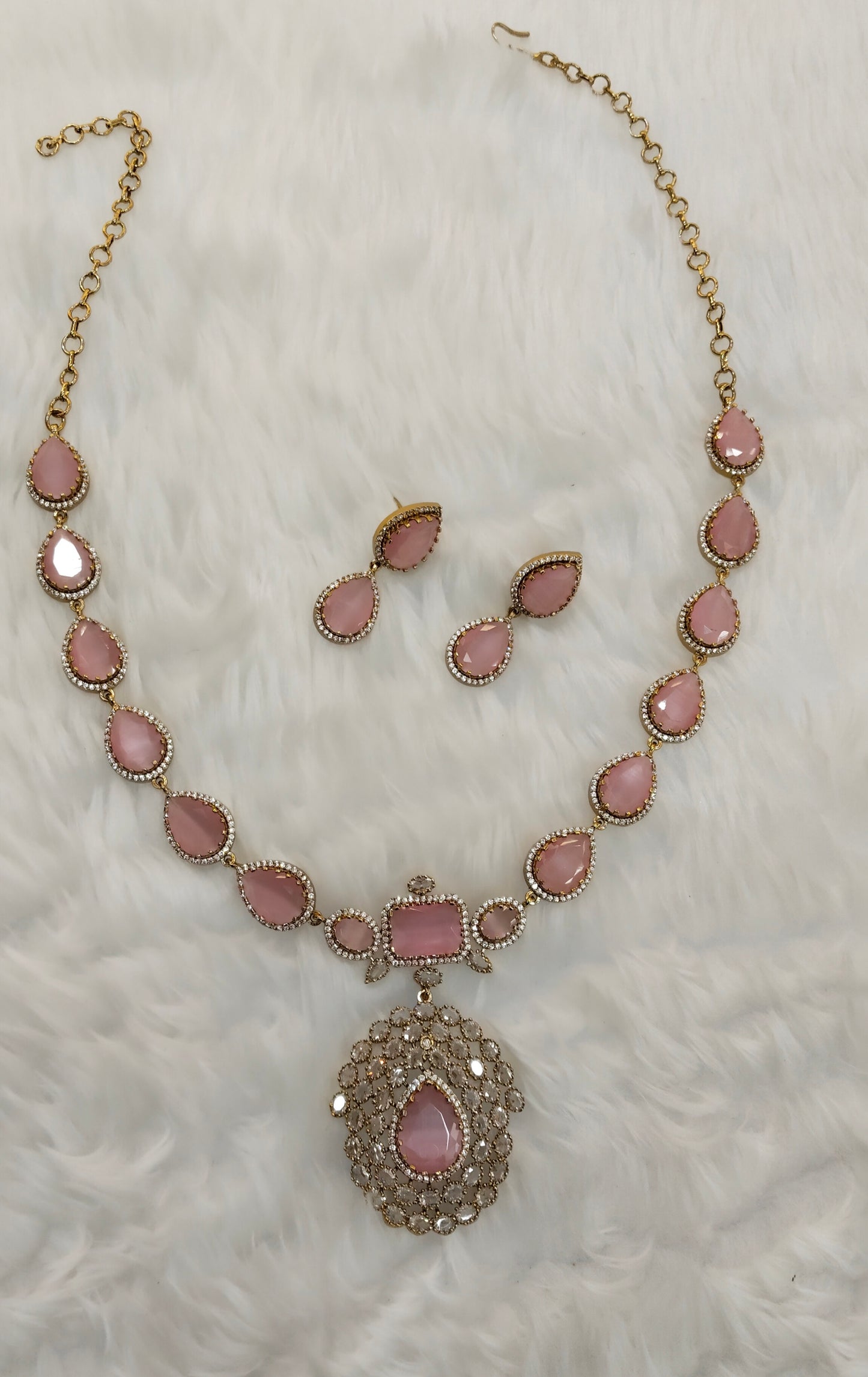Pink Antique Gold CZ Necklace Indian Jewellery Bajaj Set