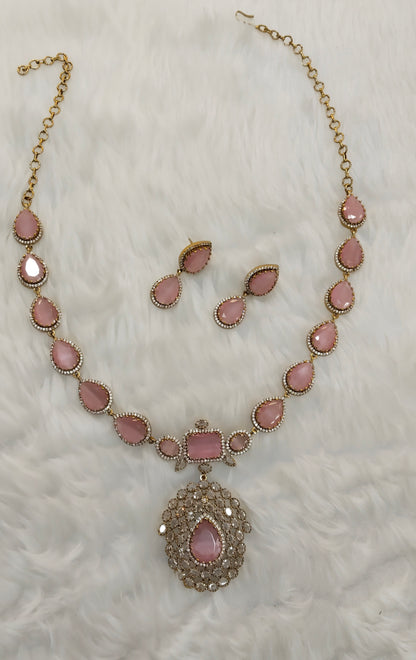 Pink Antique Gold CZ Necklace Indian Jewellery Bajaj Set
