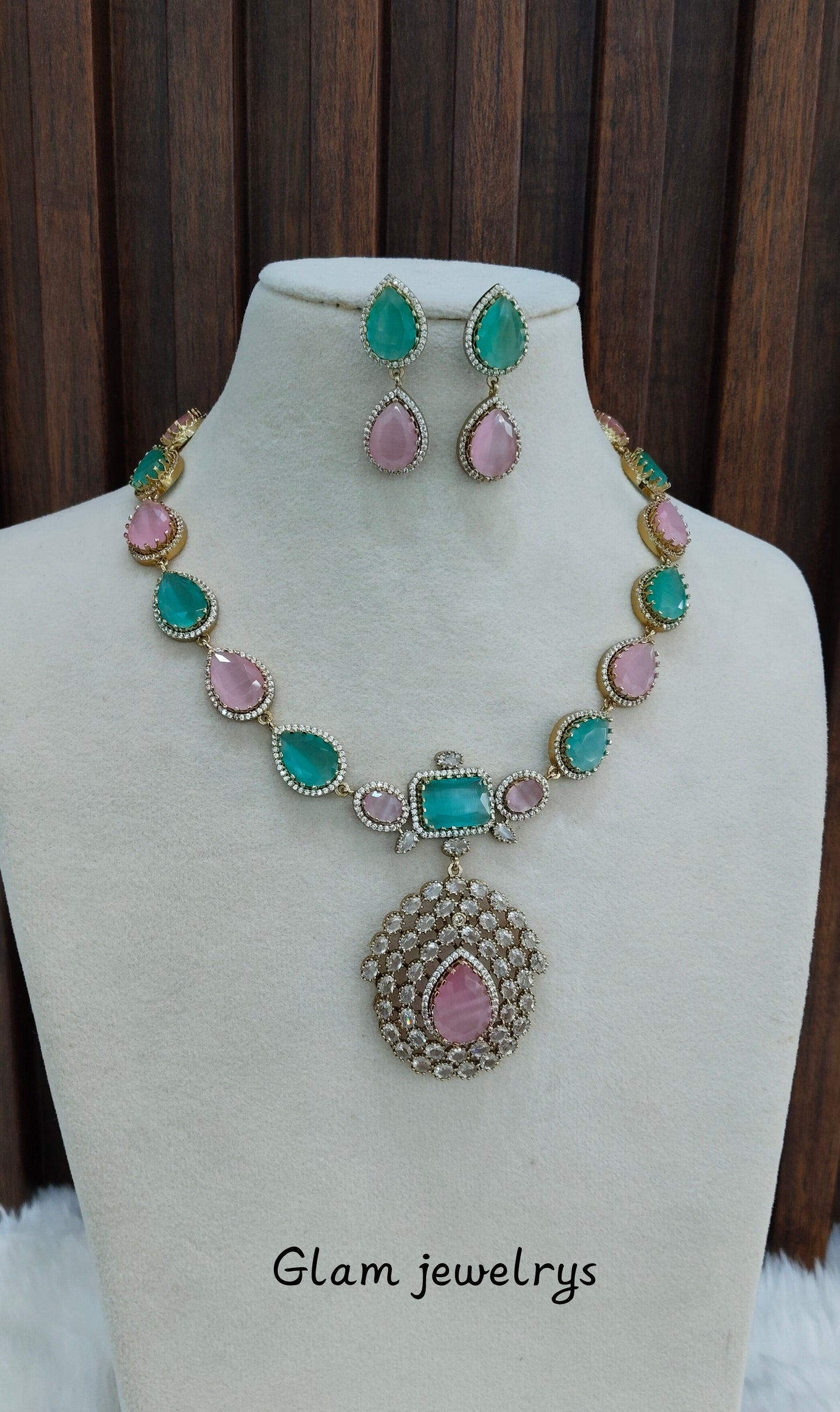 Mint Pink Antique Gold CZ Necklace Indian Jewellery Bajaj Set