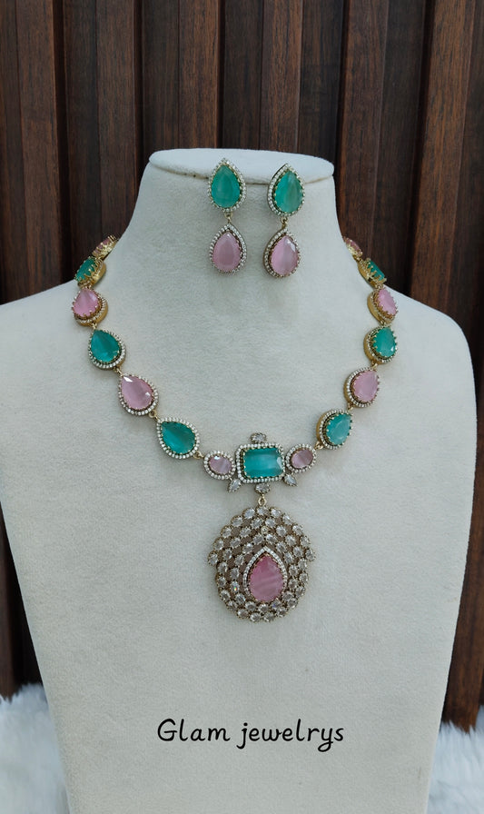 Mint Pink Antique Gold CZ Necklace Indian Jewellery Bajaj Set