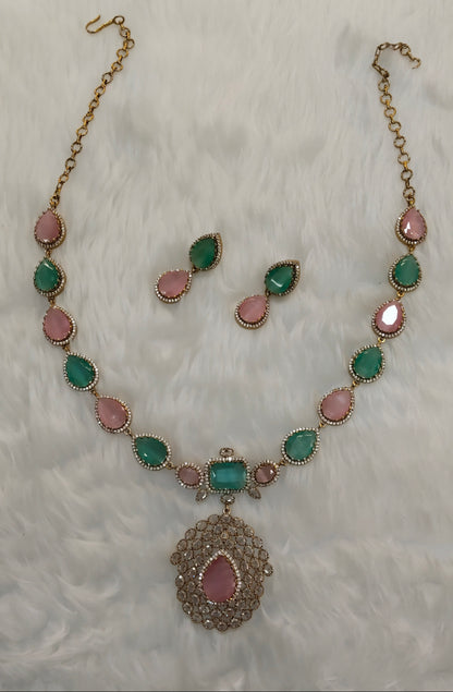 Mint Pink Antique Gold CZ Necklace Indian Jewellery Bajaj Set
