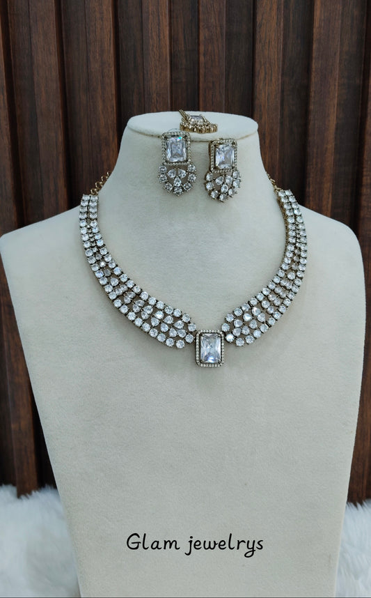 White Antique Gold CZ Necklace Indian Jewellery Tvs Set