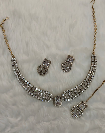 White Antique Gold CZ Necklace Indian Jewellery Tvs Set