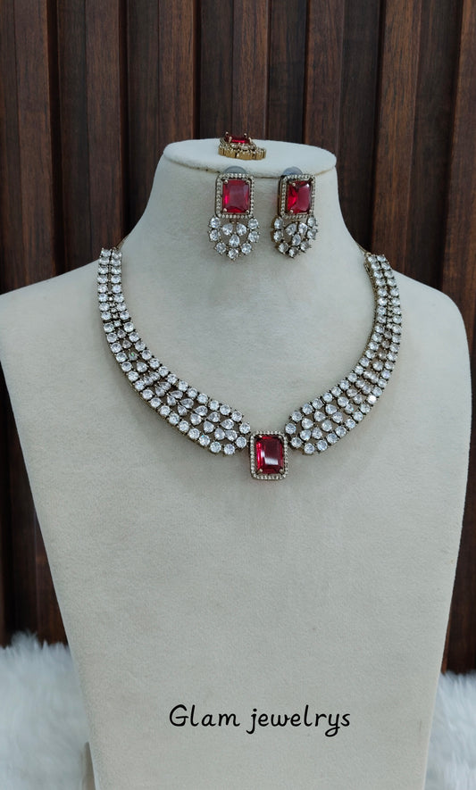 Ruby Antique Gold CZ Necklace Indian Jewellery Tvs Set
