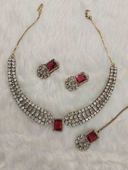 Ruby Antique Gold CZ Necklace Indian Jewellery Tvs Set