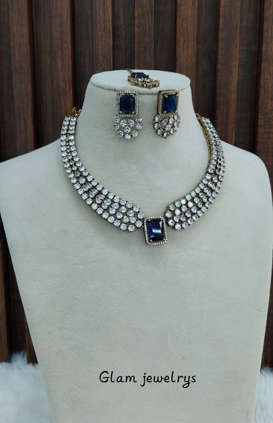 Blue Antique Gold CZ Necklace Indian Jewellery Tvs Set