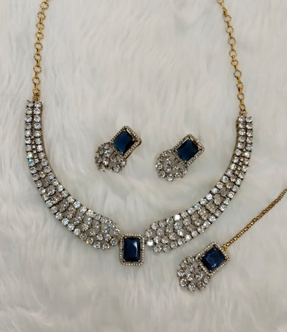 Blue Antique Gold CZ Necklace Indian Jewellery Tvs Set