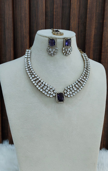 Purple Antique Gold CZ Necklace Indian Jewellery Tvs Set