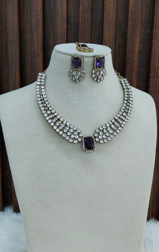 Purple Antique Gold CZ Necklace Indian Jewellery Tvs Set