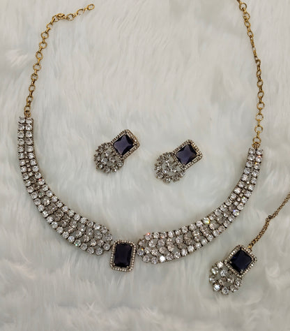 Purple Antique Gold CZ Necklace Indian Jewellery Tvs Set