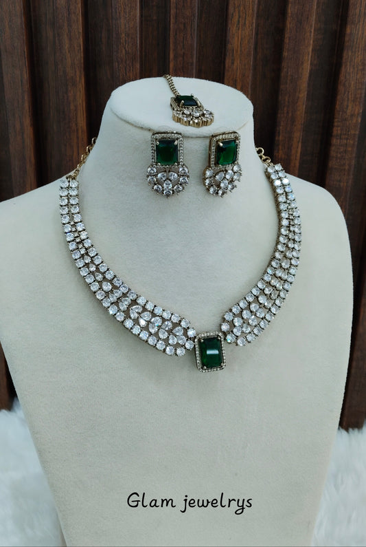 Green Antique Gold CZ Necklace Indian Jewellery Tvs Set