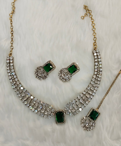Green Antique Gold CZ Necklace Indian Jewellery Tvs Set