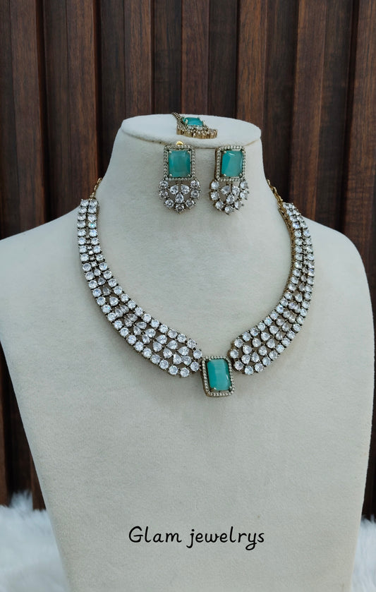 Pastel Green Antique Gold CZ Necklace Indian Jewellery Tvs Set