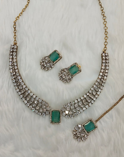 Pastel Green Antique Gold CZ Necklace Indian Jewellery Tvs Set