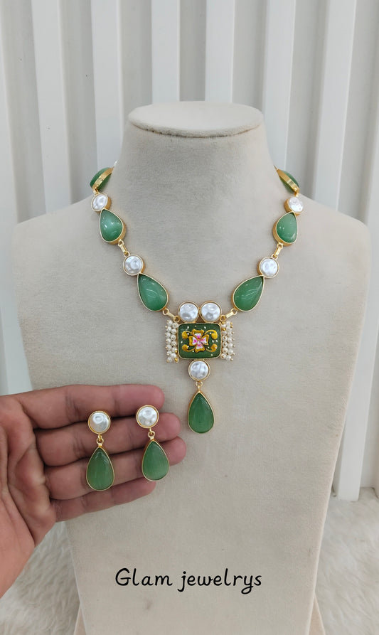 Mint Mother Of Pearl Stone Necklace Indian Jewellery Mahindra Set