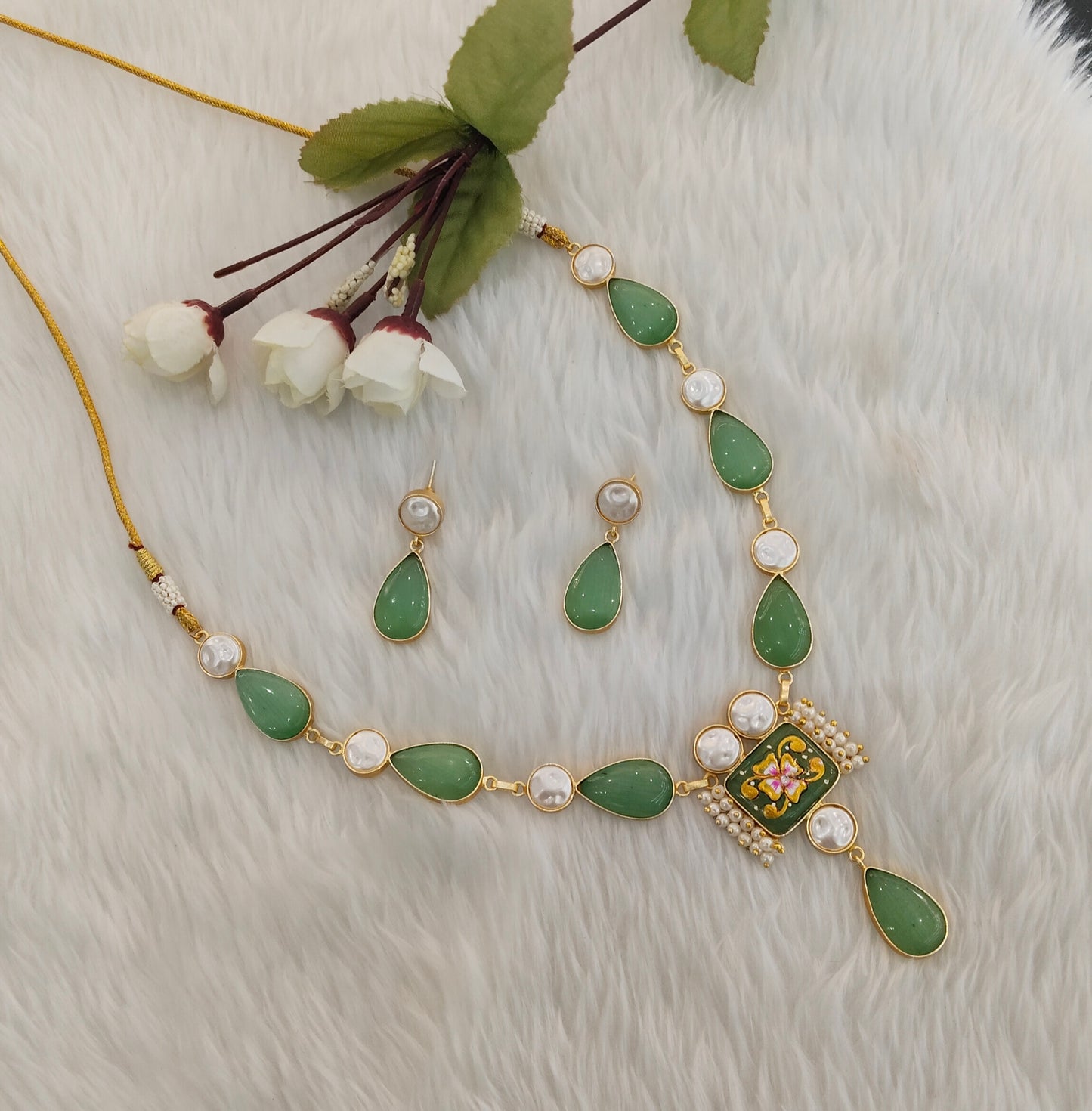Mint Mother Of Pearl Stone Necklace Indian Jewellery Mahindra Set
