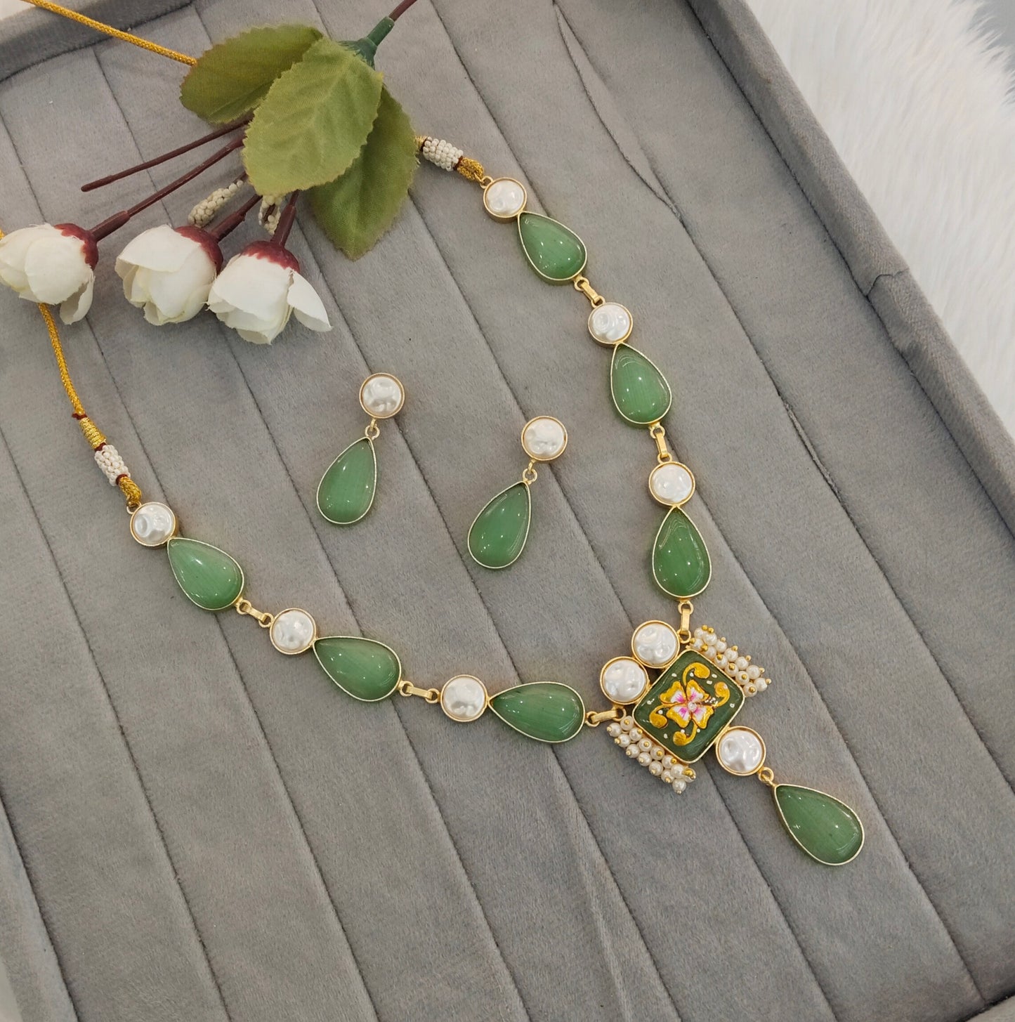 Mint Mother Of Pearl Stone Necklace Indian Jewellery Mahindra Set