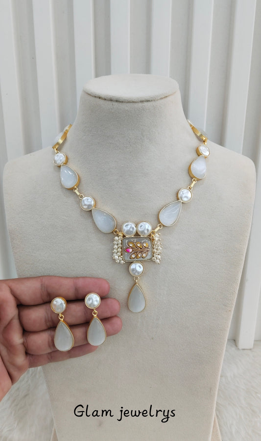 White Mother Of Pearl Stone Necklace Indian Jewellery Mahindra Set