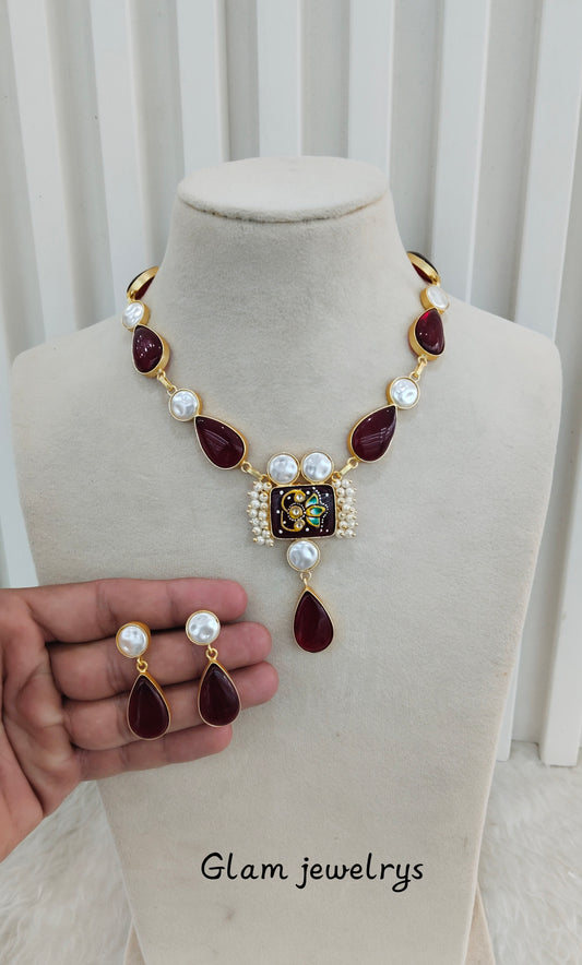 Maroon Mother Of Pearl Stone Necklace Indian Jewellery Mahindra Set