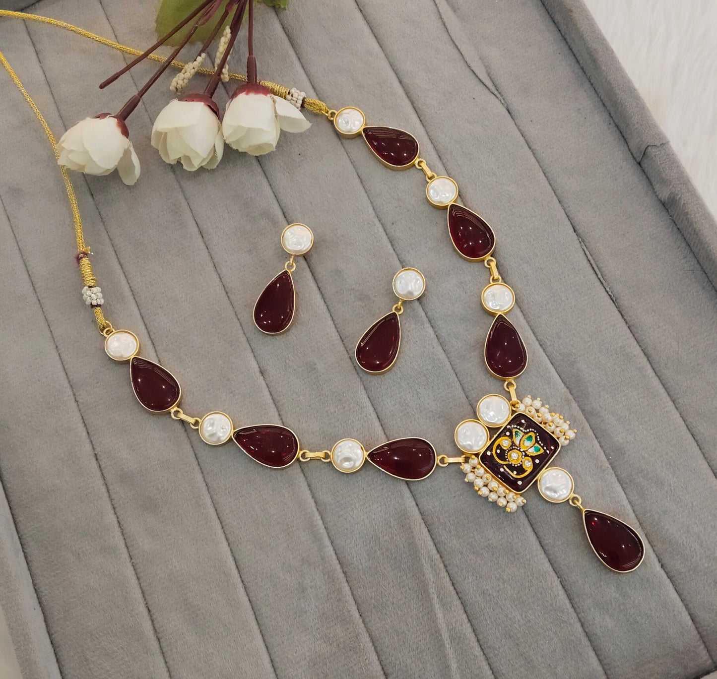 Maroon Mother Of Pearl Stone Necklace Indian Jewellery Mahindra Set
