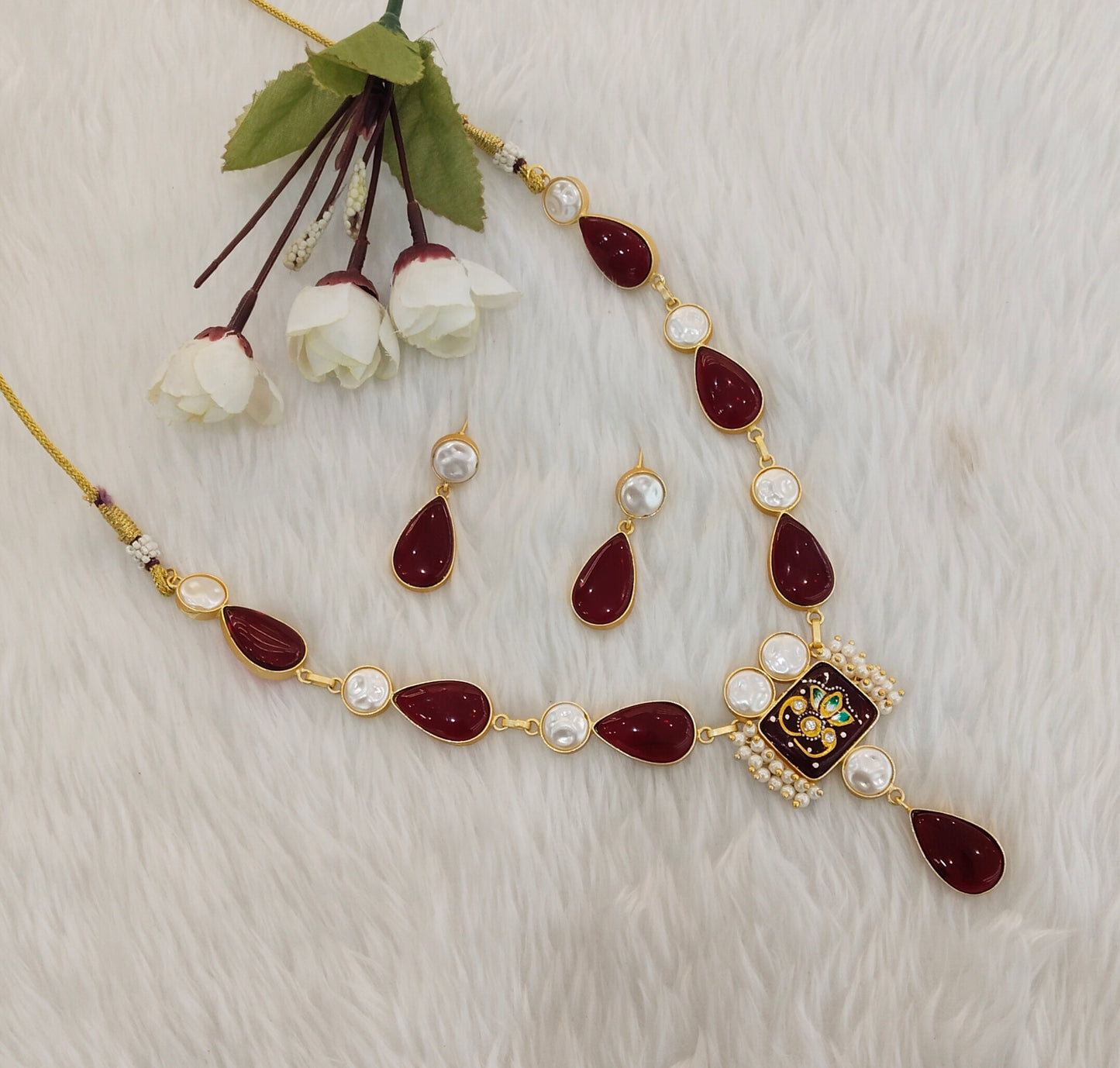 Maroon Mother Of Pearl Stone Necklace Indian Jewellery Mahindra Set