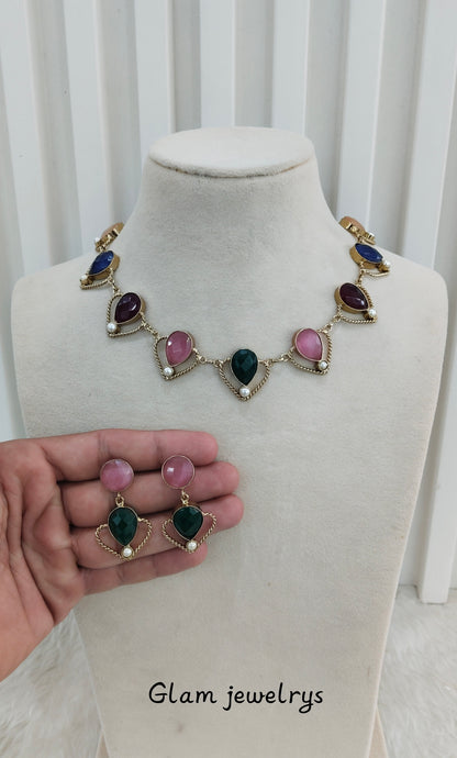 Multi Color Victorian Necklace Indian Jewellery Escourt Set