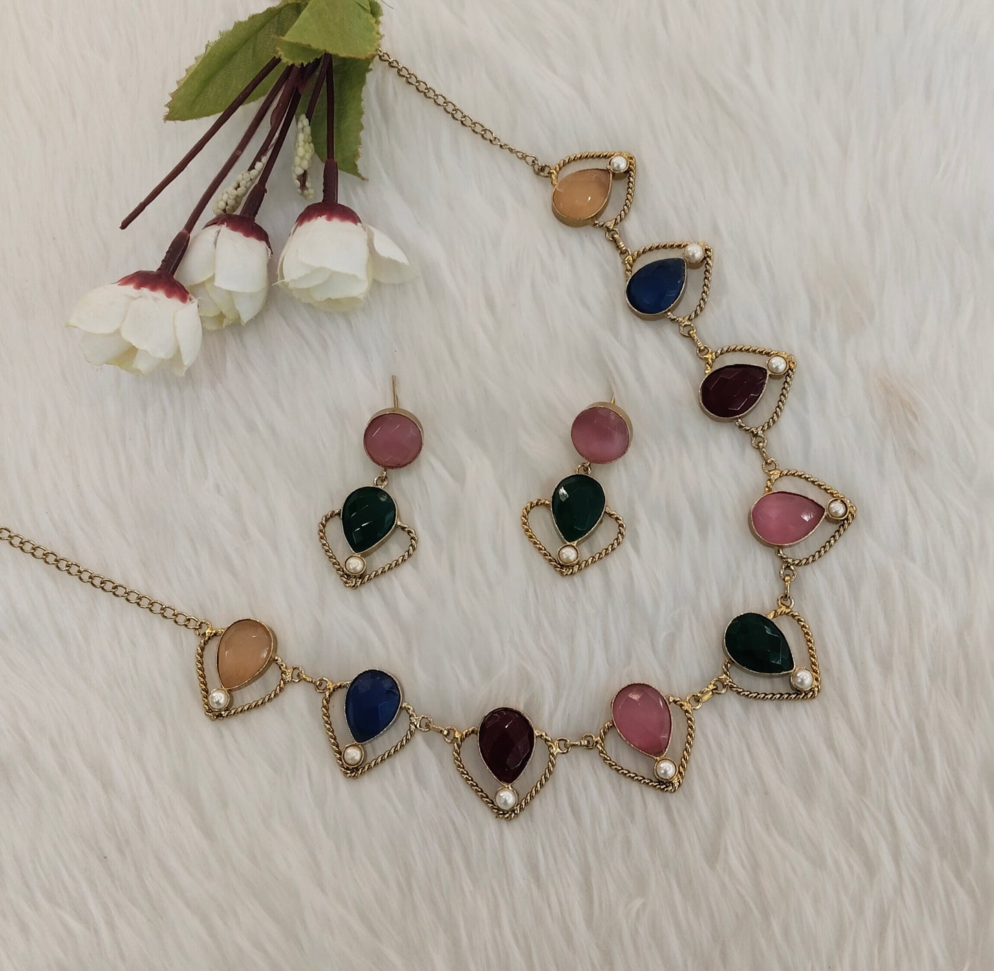 Multi Color Victorian Necklace Indian Jewellery Escourt Set