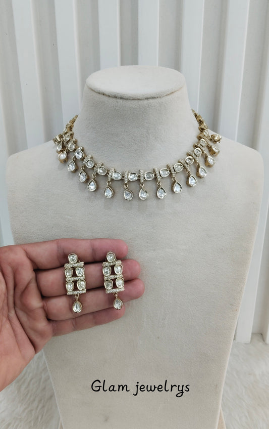 Gold Moissanite Kundan Necklace Indian Jewellery Delux Set
