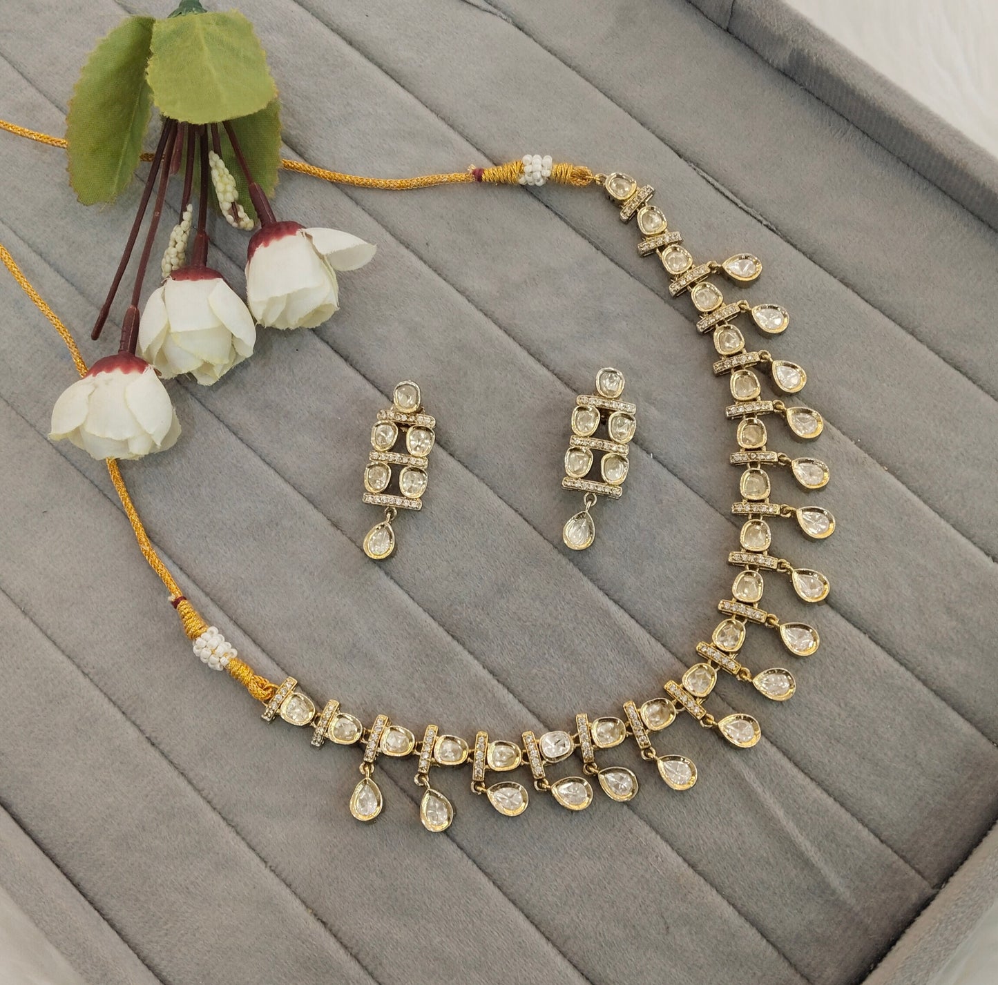 Gold Moissanite Kundan Necklace Indian Jewellery Delux Set