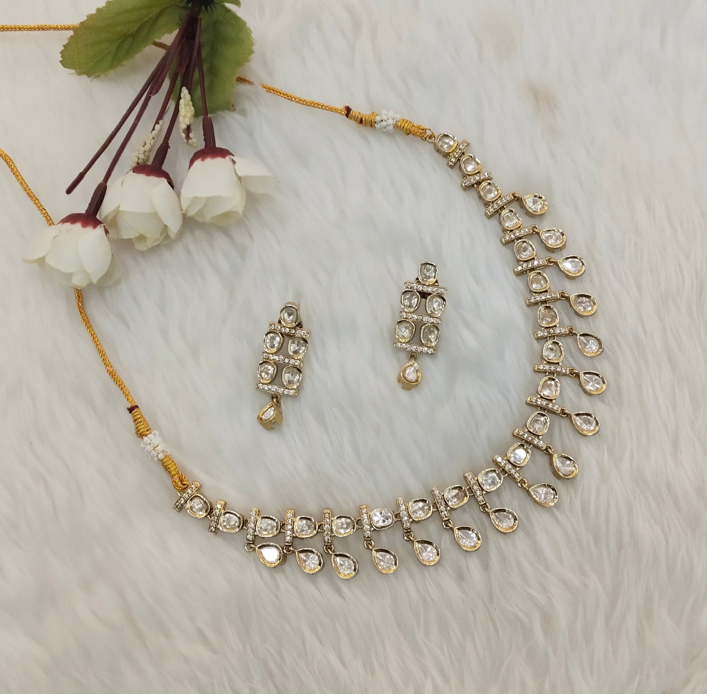 Gold Moissanite Kundan Necklace Indian Jewellery Delux Set