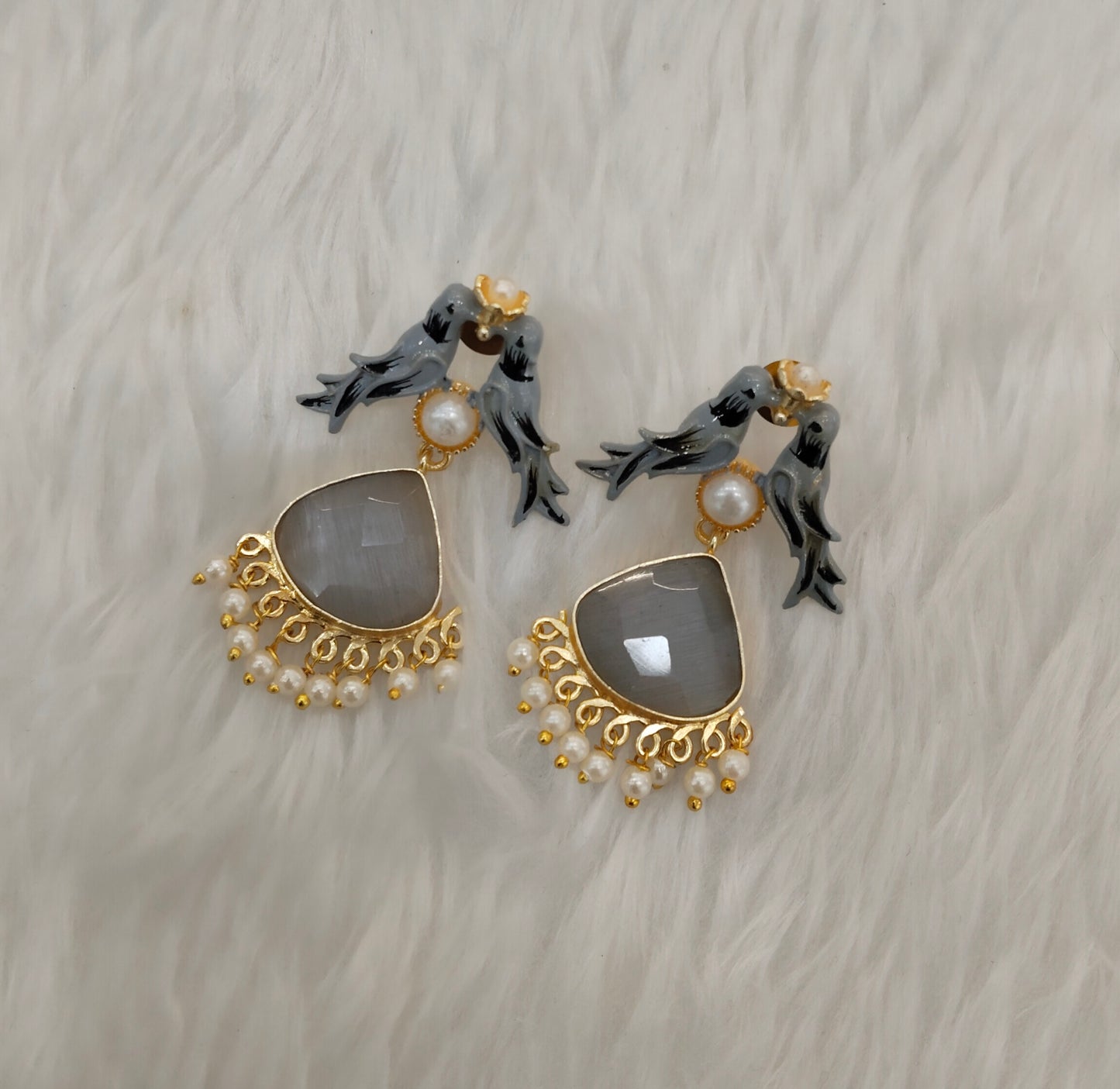 Grey Mother Of Pearl Bollywood Indian Brass Earrings
