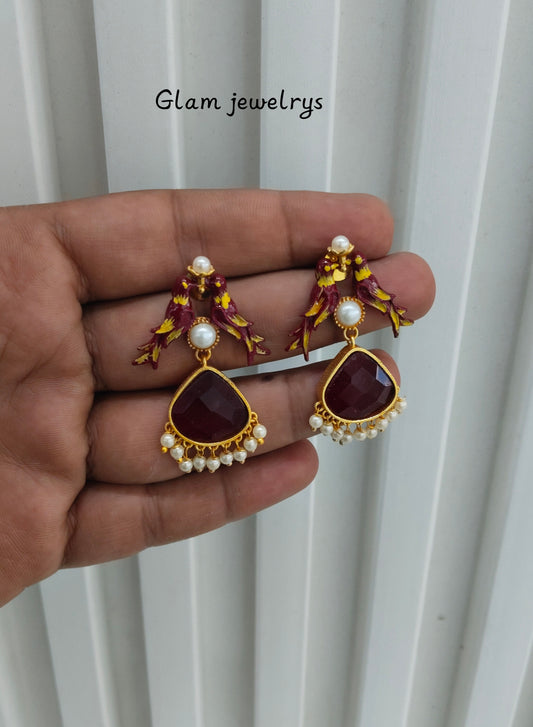 Maroon Mother Of Pearl Bollywood Indian Brass Earrings