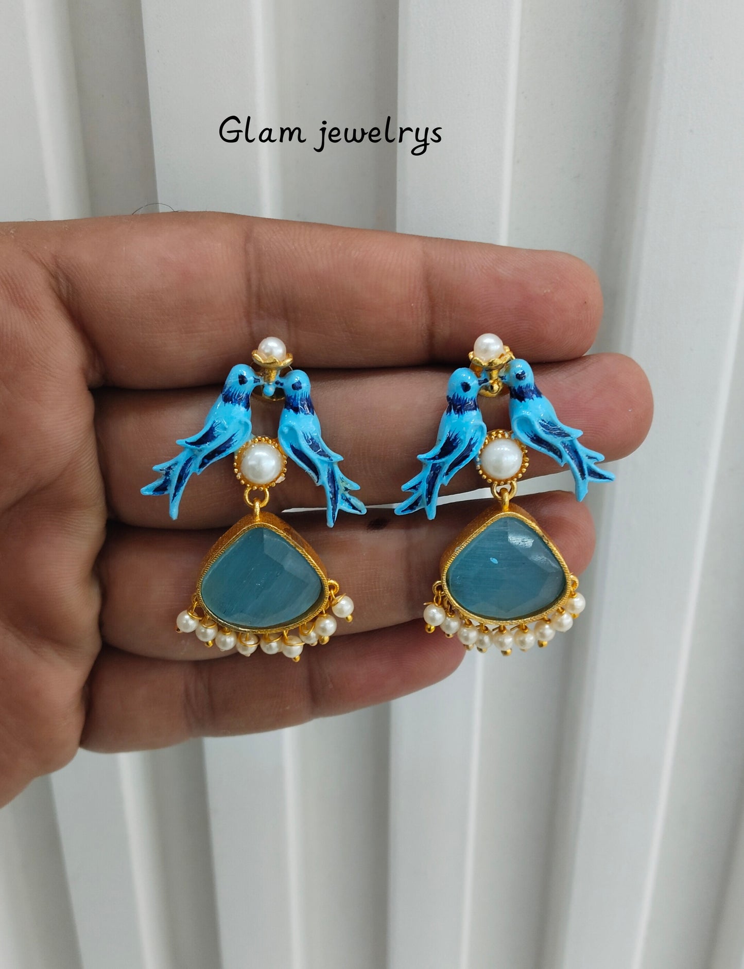 Sky Blue Mother Of Pearl Bollywood Indian Brass Earrings