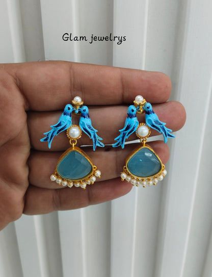 Sky Blue Mother Of Pearl Bollywood Indian Brass Earrings
