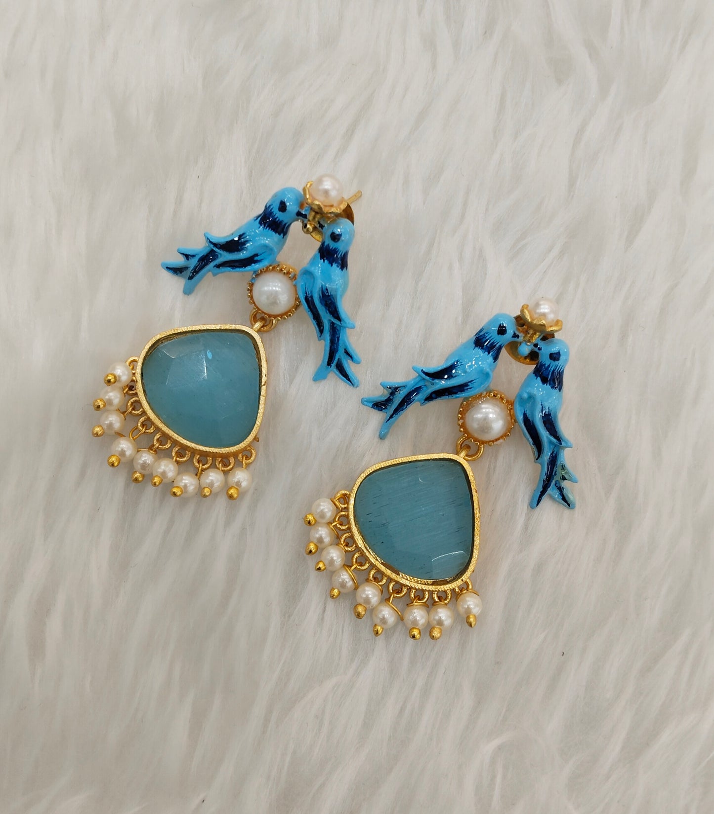 Sky Blue Mother Of Pearl Bollywood Indian Brass Earrings
