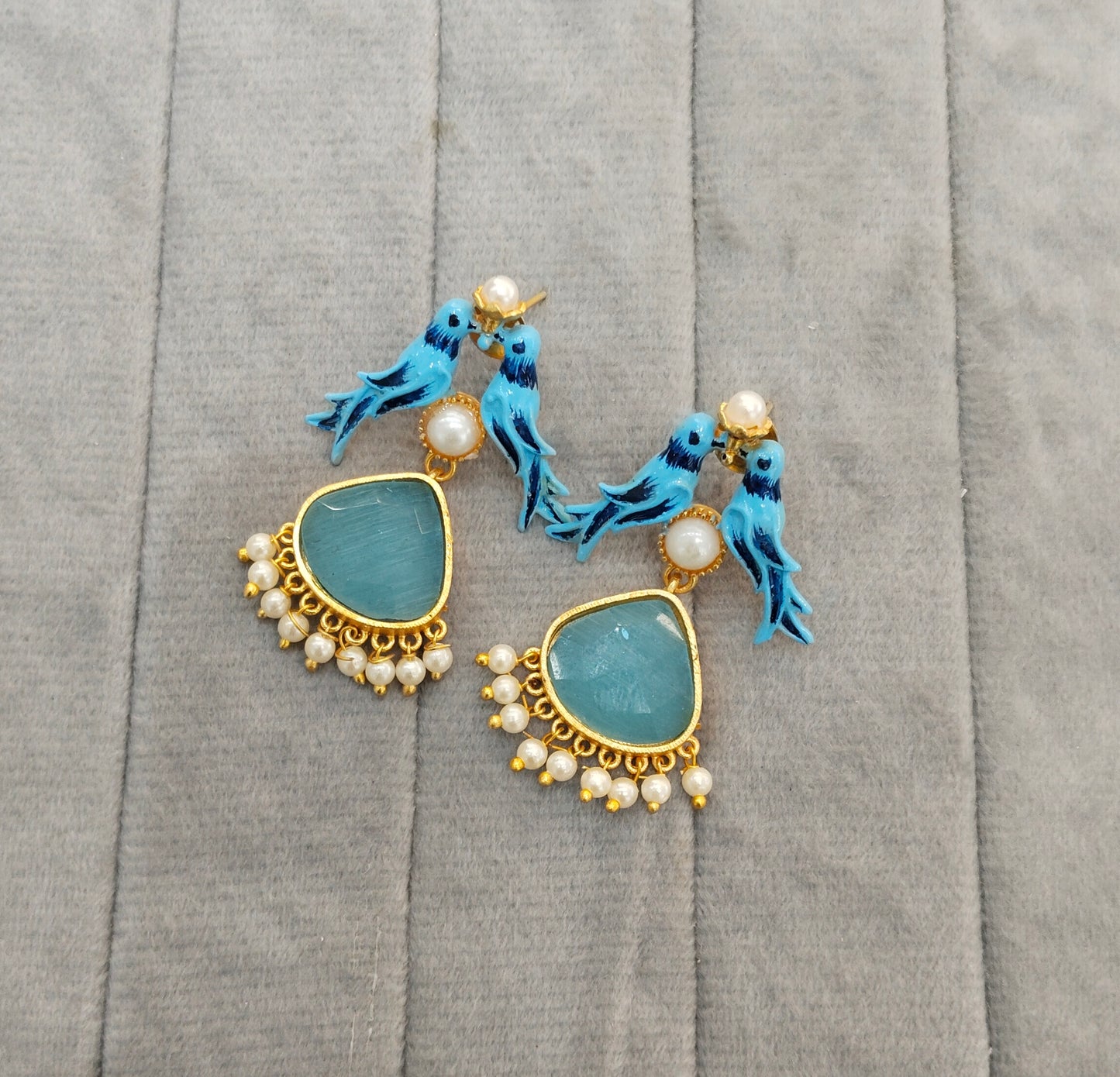 Sky Blue Mother Of Pearl Bollywood Indian Brass Earrings