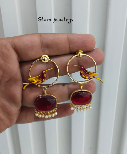 Maroon Mother Of Pearl Bollywood Indian Brass Earrings