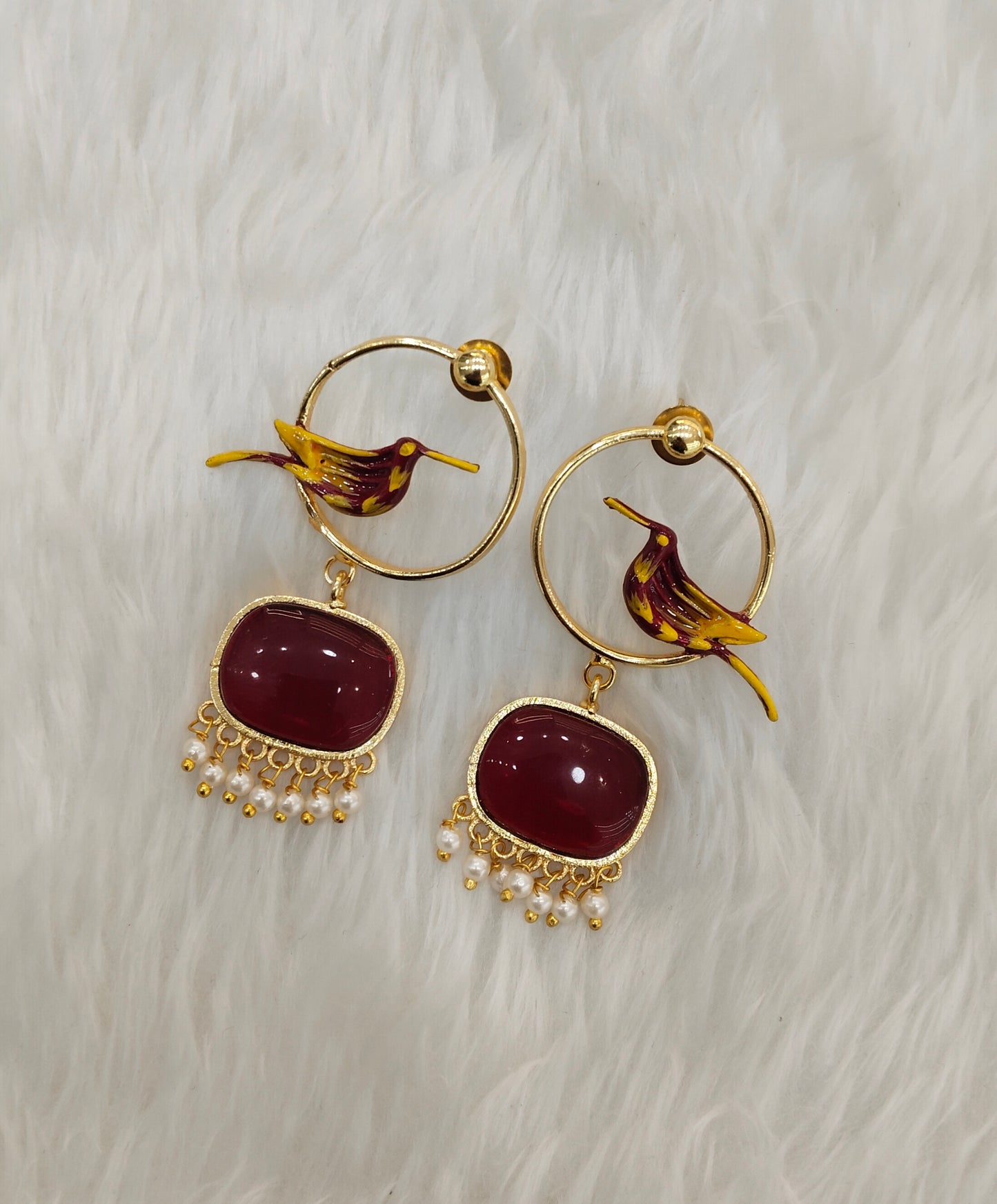 Maroon Mother Of Pearl Bollywood Indian Brass Earrings