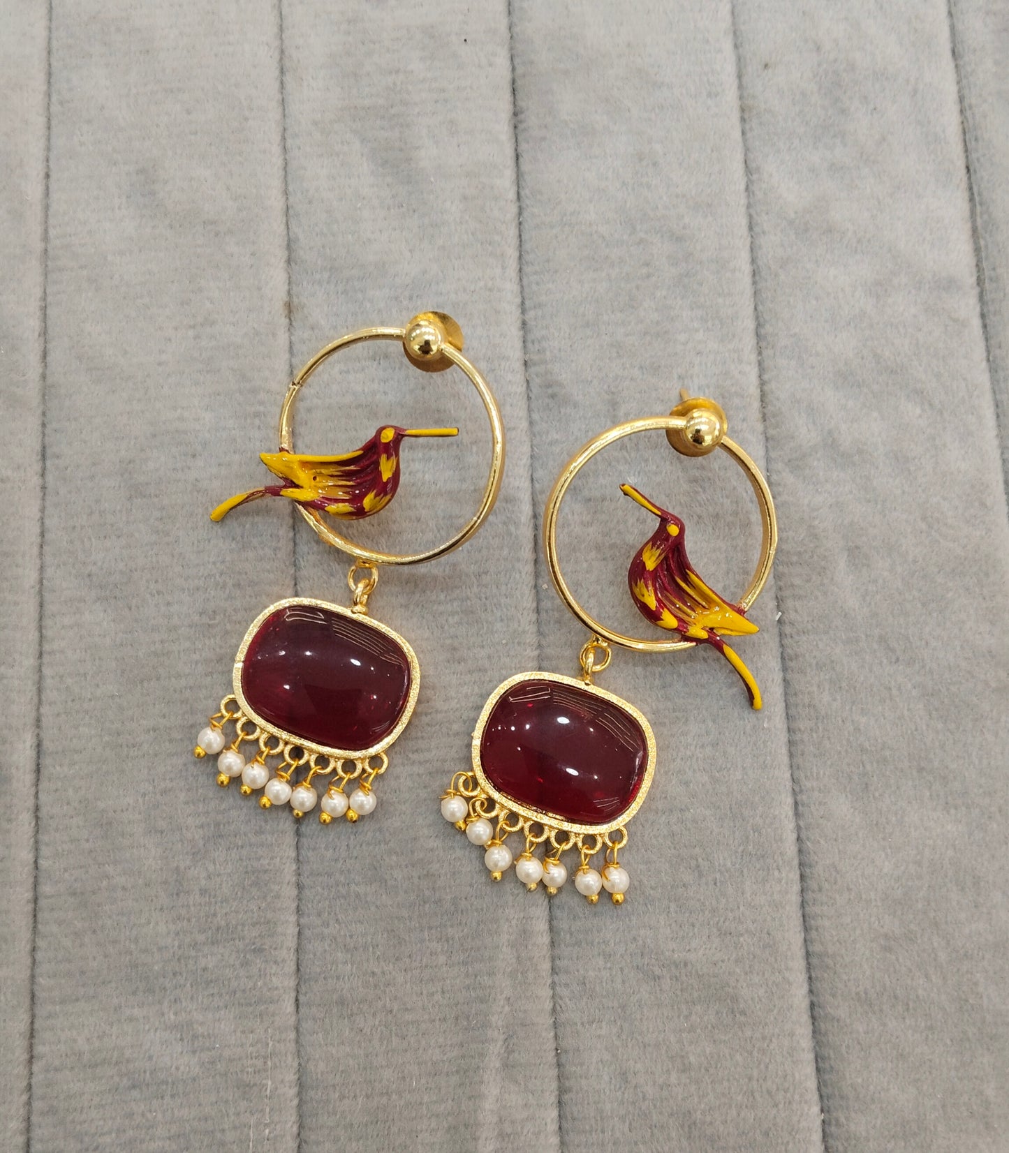 Maroon Mother Of Pearl Bollywood Indian Brass Earrings