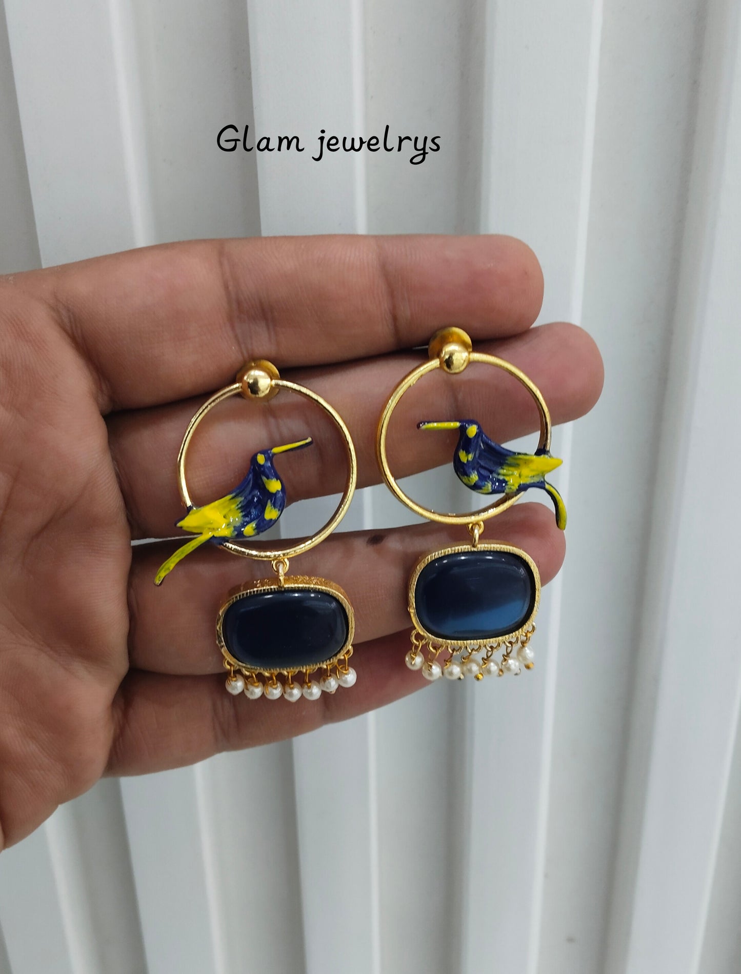 Blue Mother Of Pearl Bollywood Indian Brass Earrings