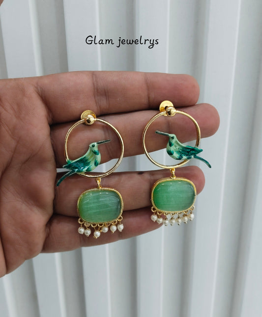 Sage Green Mother Of Pearl Bollywood Indian Brass Earrings