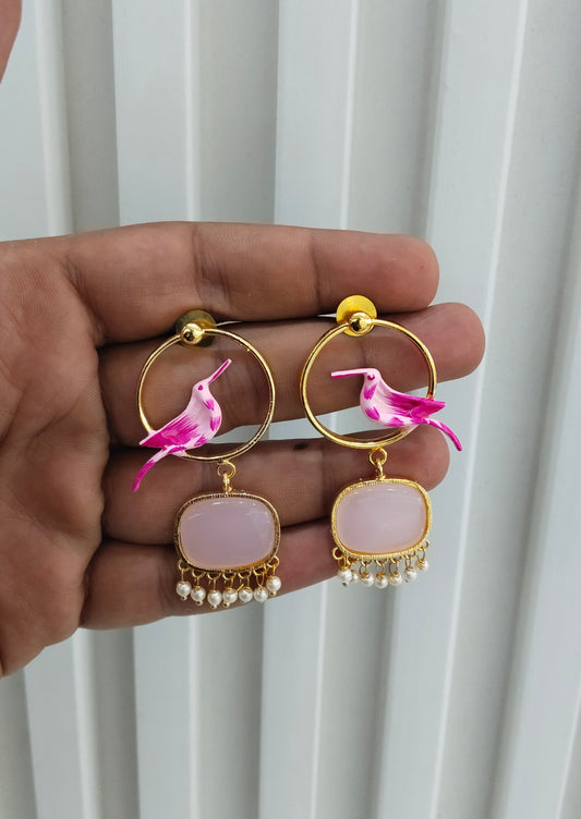 Pink Mother Of Pearl Bollywood Indian Brass Earrings