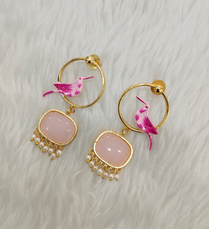 Pink Mother Of Pearl Bollywood Indian Brass Earrings