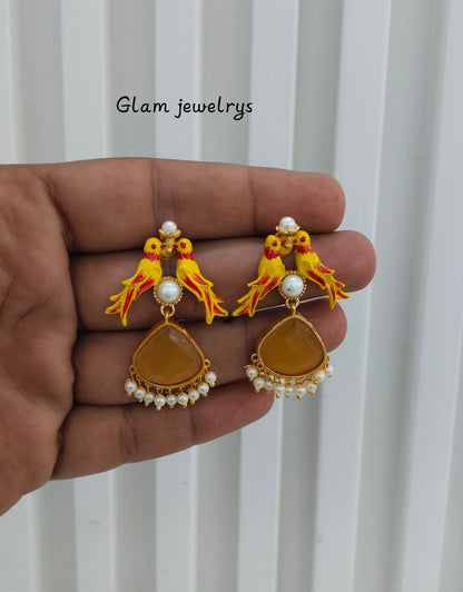 Yellow Mother Of Pearl Bollywood Indian Brass Earrings