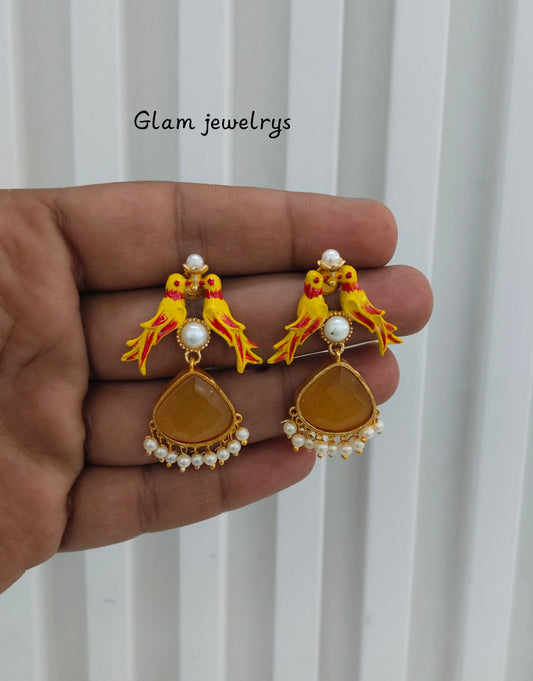 Yellow Mother Of Pearl Bollywood Indian Brass Earrings
