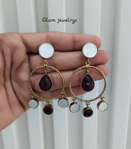 Maroon Mother Of Pearl Bollywood Indian Jombi Earrings