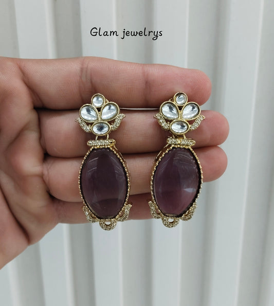 Purple Moissanite Kundan Bollywood Indian Jombi Earrings