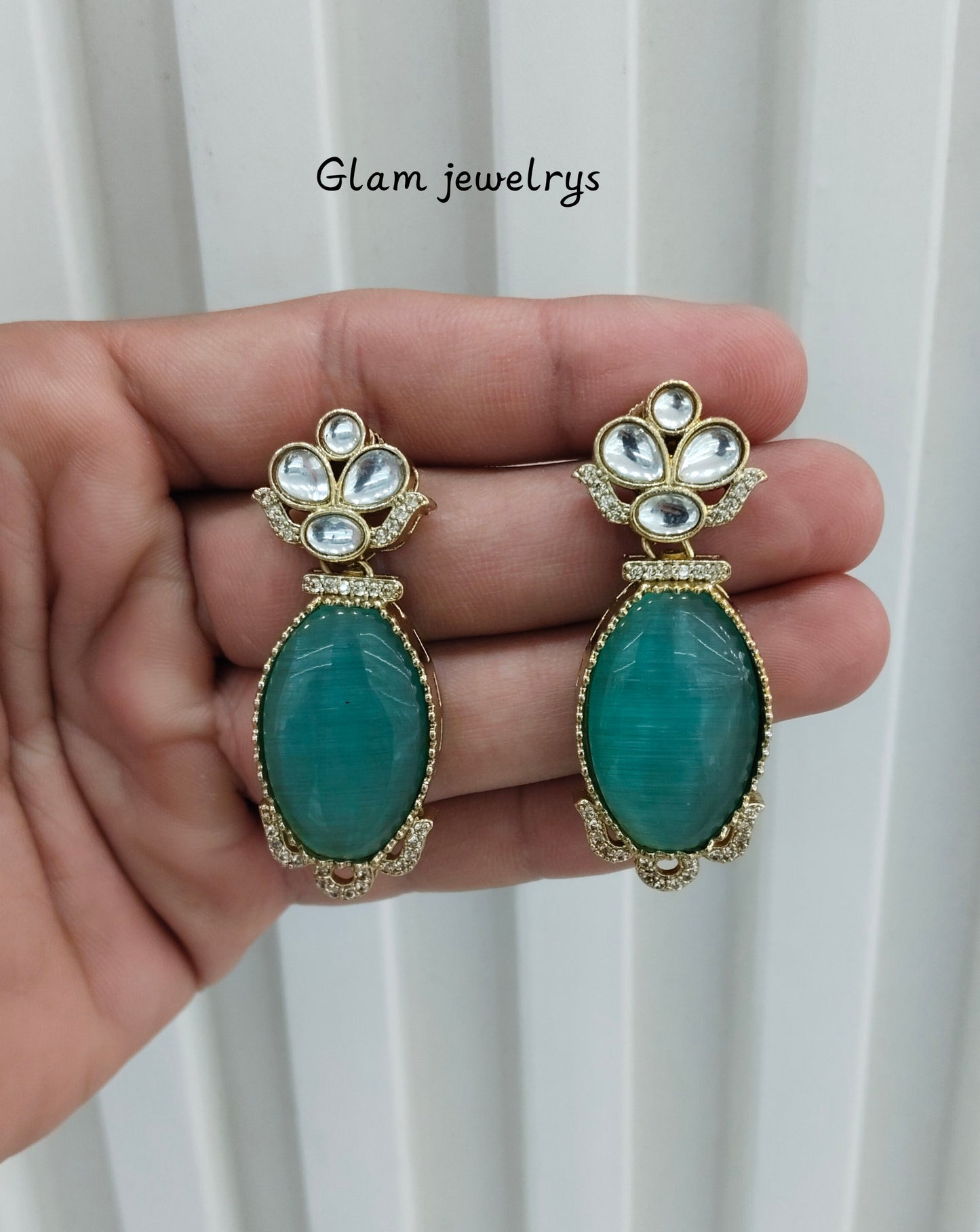 Sea Green Moissanite Kundan Bollywood Indian Jombi Earrings