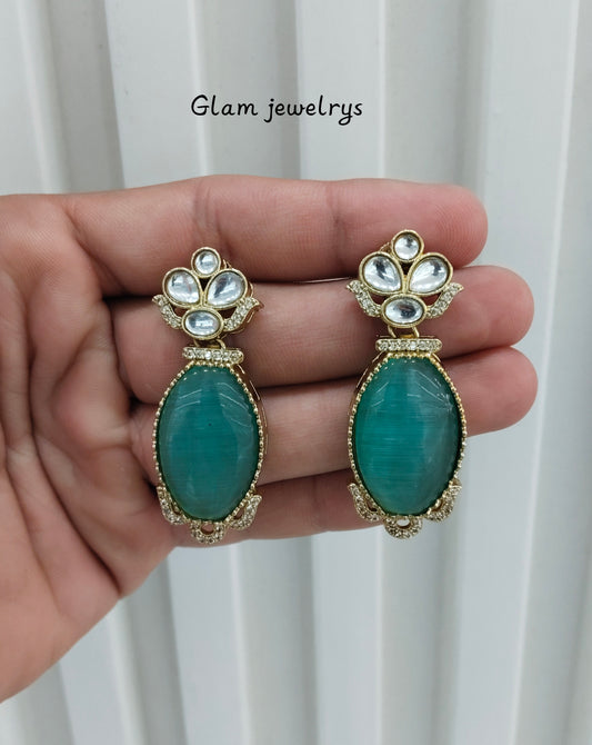 Sea Green Moissanite Kundan Bollywood Indian Jombi Earrings
