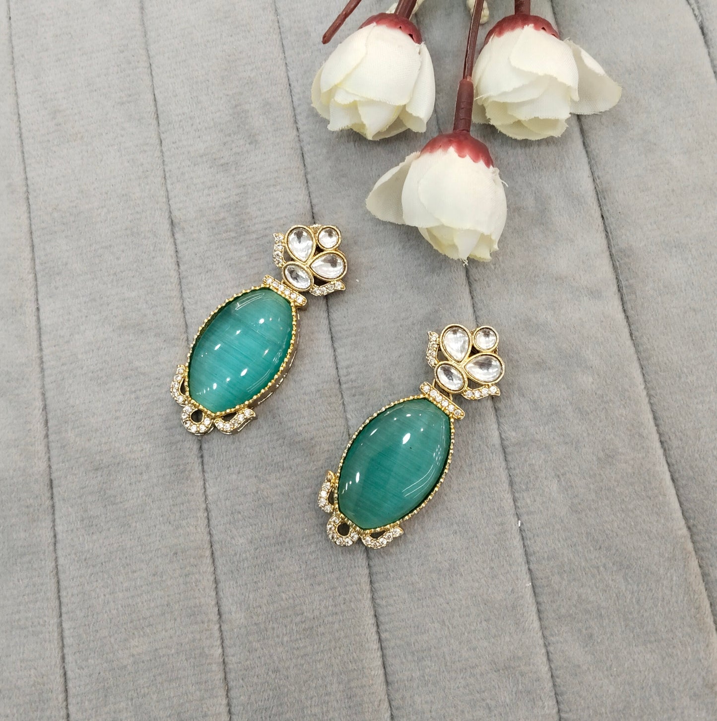 Sea Green Moissanite Kundan Bollywood Indian Jombi Earrings
